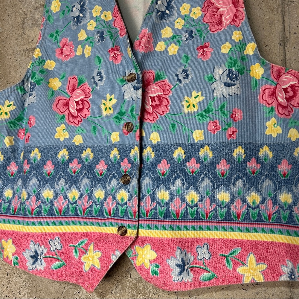 Vintage 80s Vivaldi floral denim v neck button up vest large - Picture 2 of 6